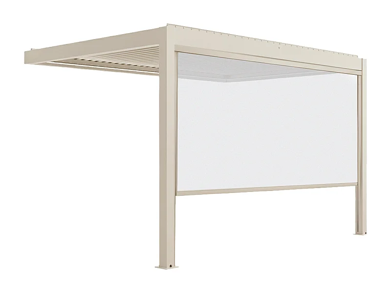 Pergola bioclimatique adossée motorisée 3x4 m et 1 store crème