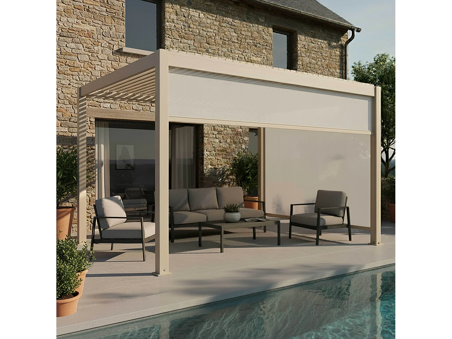 Vrijstaande gemotoriseerde pergola 3x4m en 2 jaloezieën