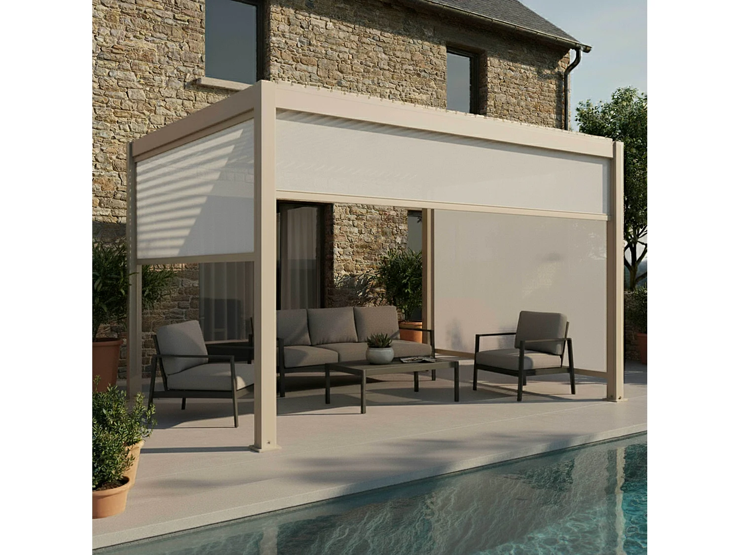 Vrijstaande gemotoriseerde bioklimatische pergola 3x4m en 3 jaloezieën