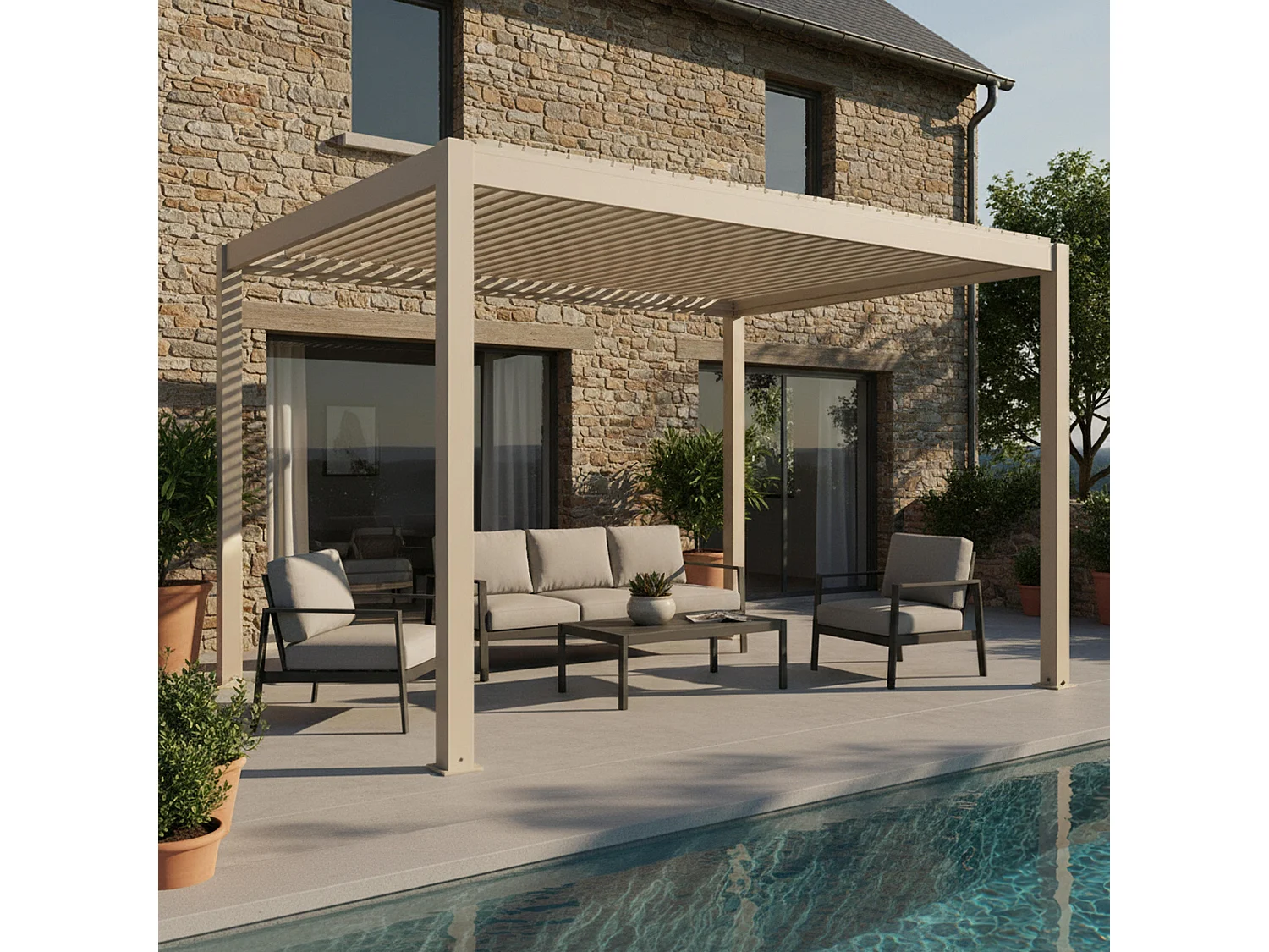 Vrijstaande gemotoriseerde bioklimatische pergola 3x4m en 3 jaloezieën