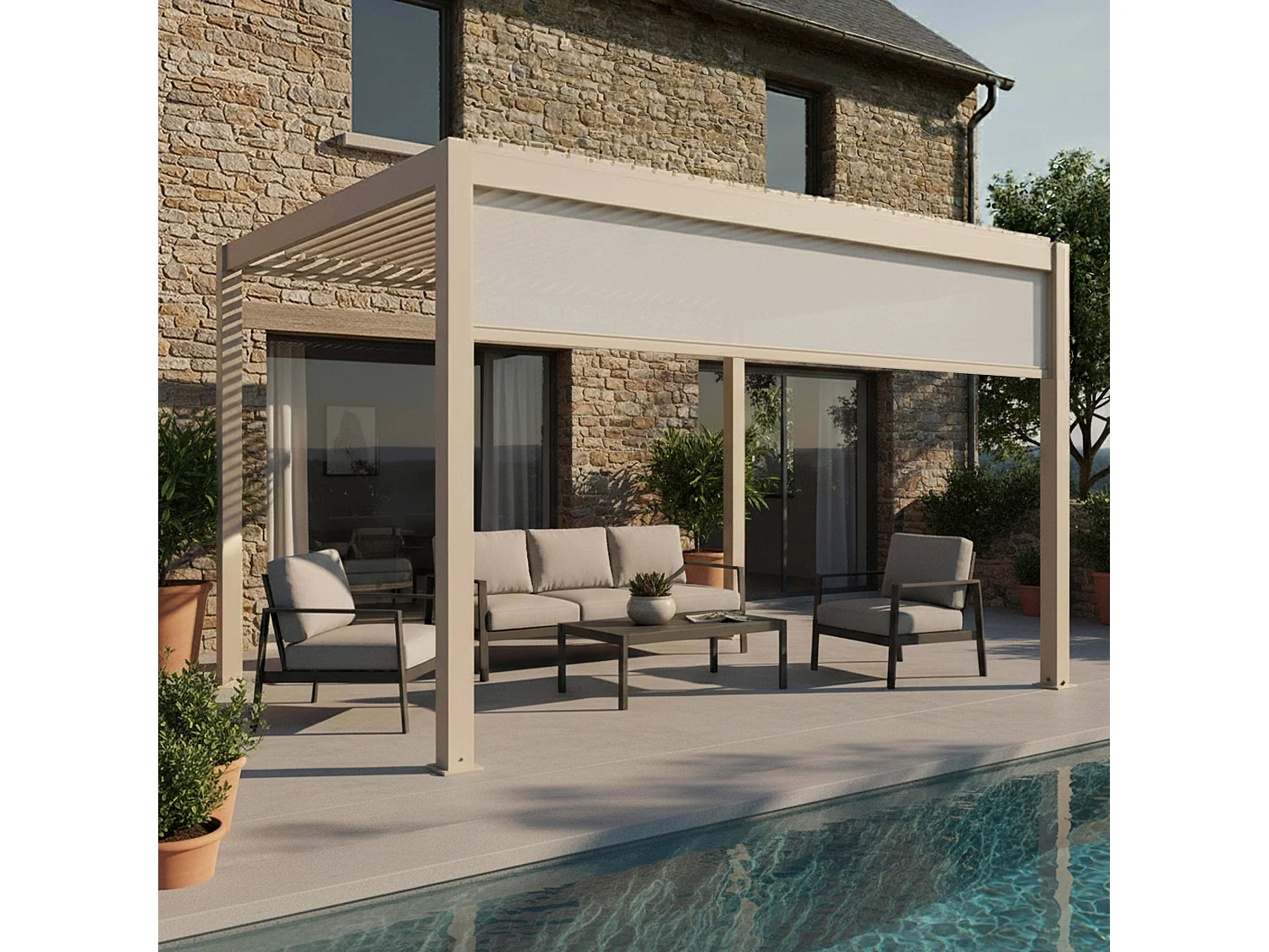 Vrijstaande gemotoriseerde bioklimatische pergola 3x4 m en 1 luifel