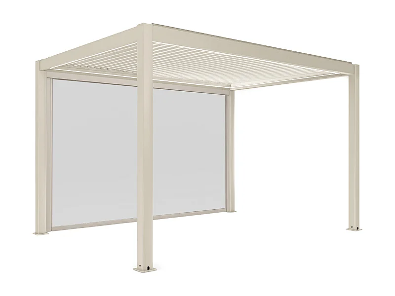 Pergola bioclimatique autoportée motorisée éclairée 3 x 4m et 1 store