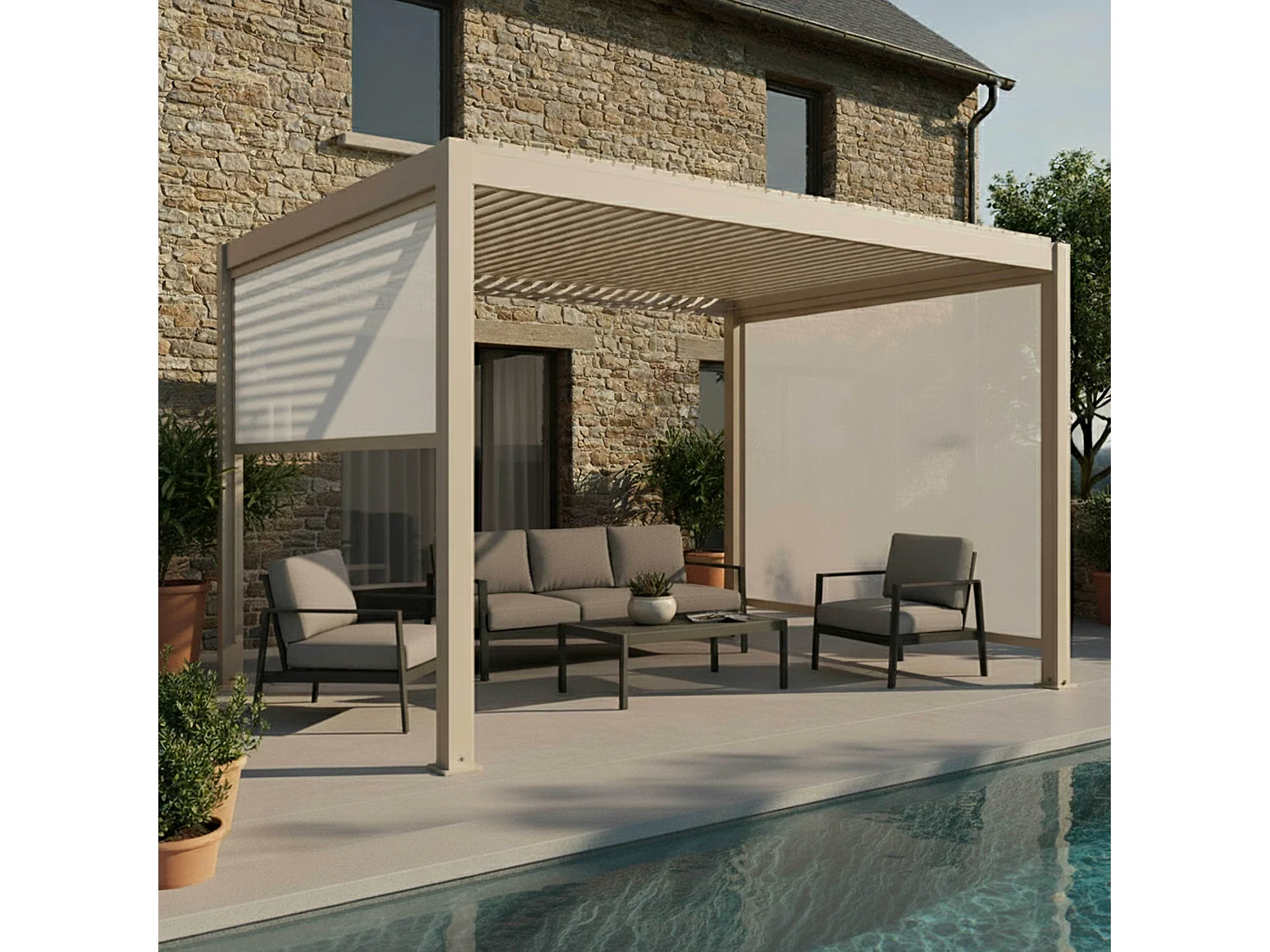 Vrijstaande gemotoriseerde bioklimatische pergola 3x4m en 2 jaloezieën