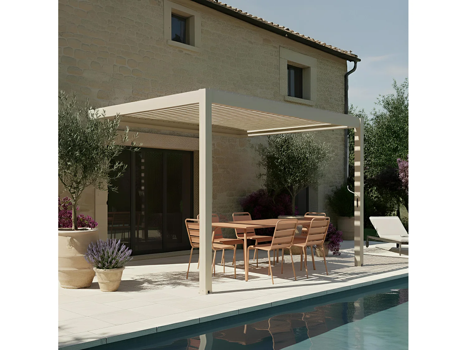 Pergola bioclimatique adossée 3x4m en aluminium bois crème