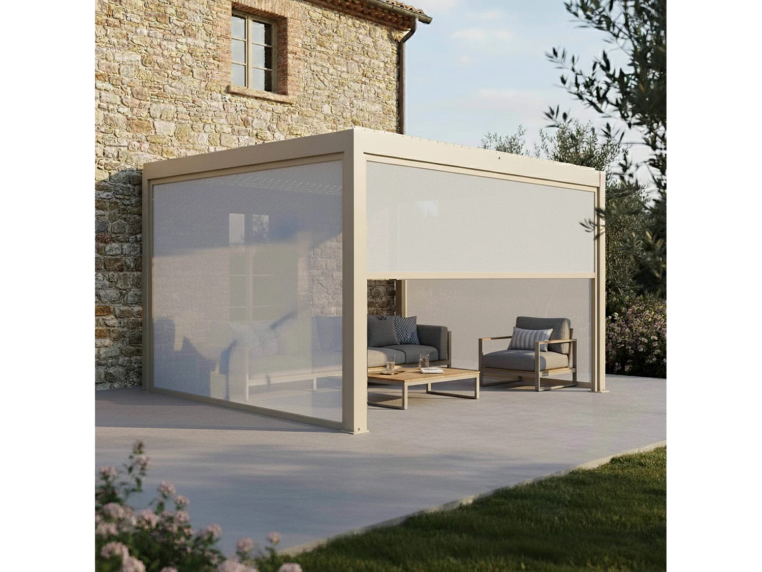 Pergola bioclimatique adossée motorisée 3x4m et 3 stores crème