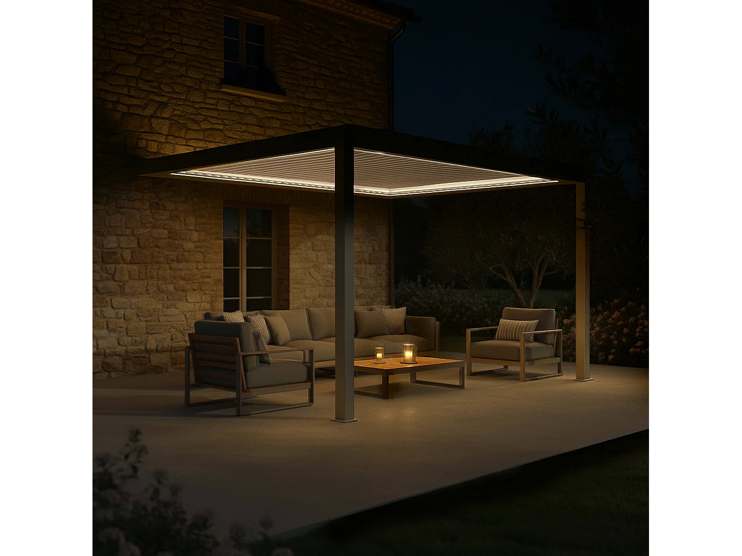 Pergola bioclimatique adossée motorisée 3x4m et 3 stores crème