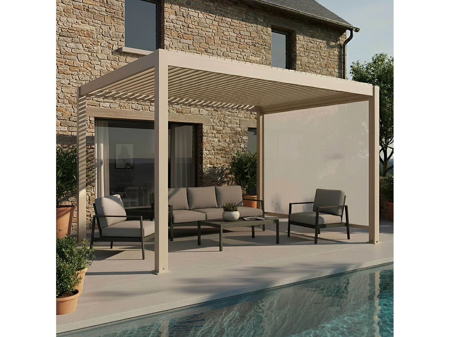 Vrijstaande gemotoriseerde bioklimatische pergola 3 x 4 m en 1 luifel