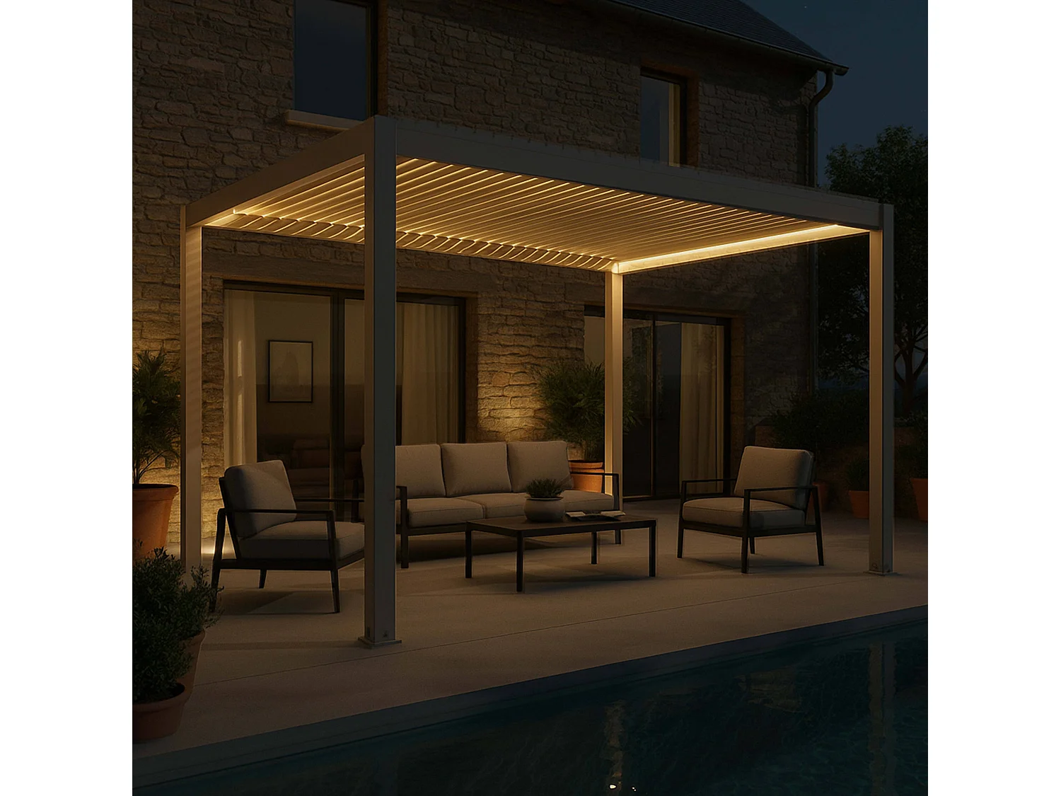 Vrijstaande gemotoriseerde bioklimatische pergola 3 x 4 m en 1 luifel