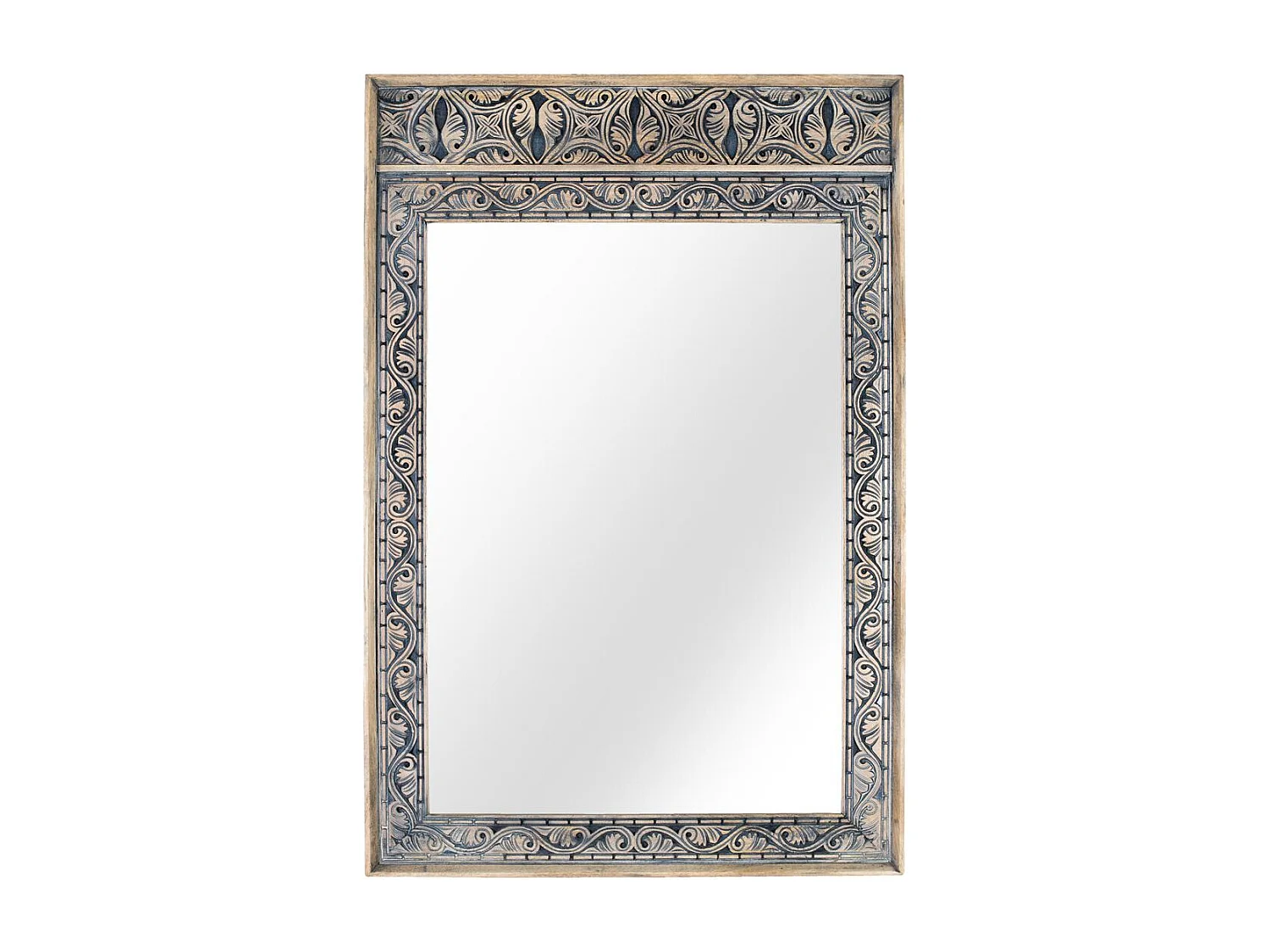 Miroir encadré de bois de manguier massif sculpté à la main