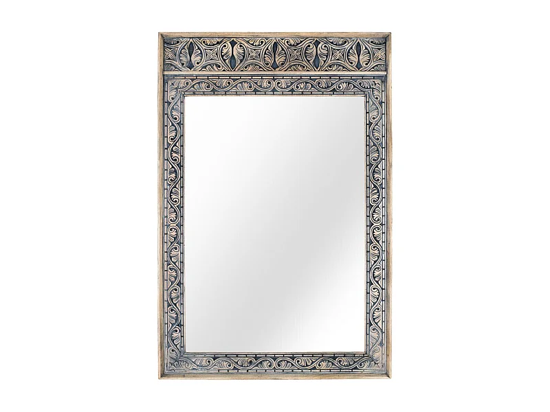 Miroir encadré de bois de manguier massif sculpté à la main