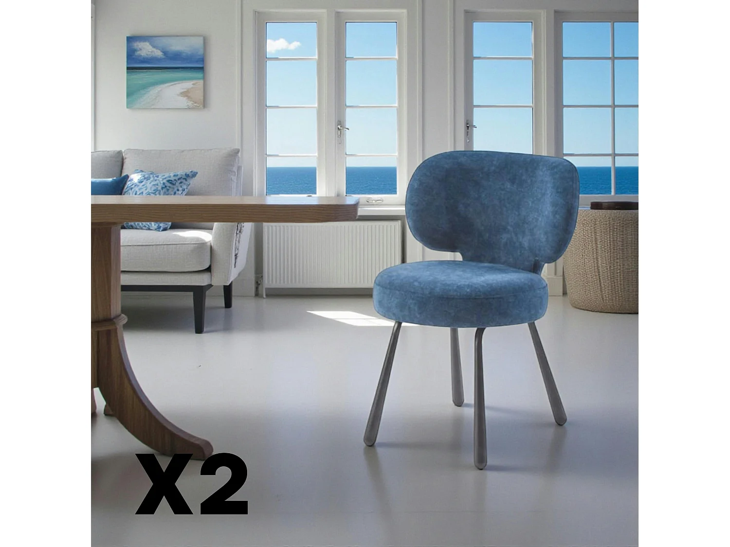 Chaise de salle à manger bleue, assise ronde (lot de 2) LIGURIE