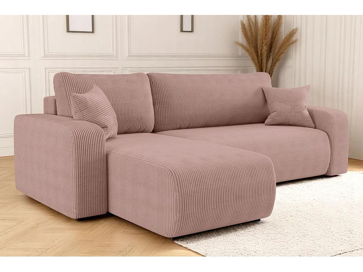 Canapé ALYA d'angle réversible et convertible 4 places en velours côtelé - Rose