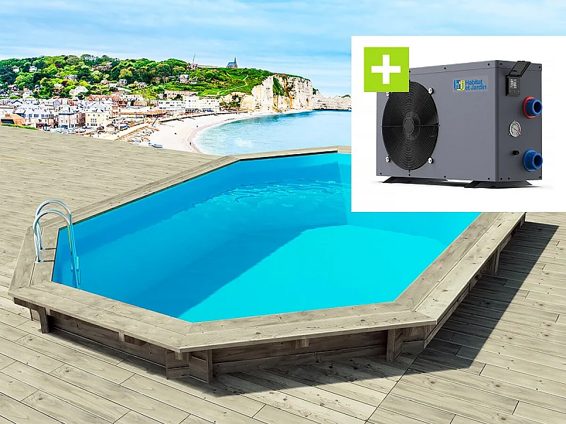 Piscine bois " Brazilia 144 "  5.86 x 3.86 x 1.44 m + Pompe à chaleur - Puissance 6.1 kW