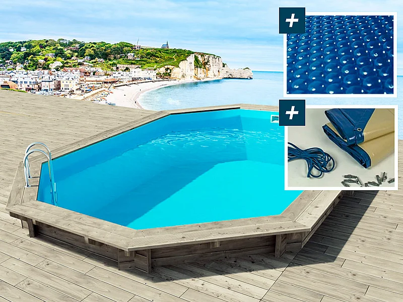Piscine bois " Brazilia 144 "  5.86 x 3.86 x 1.44 m - Bâche à bulles 180 µ - Bâche hiver 280 g/m²