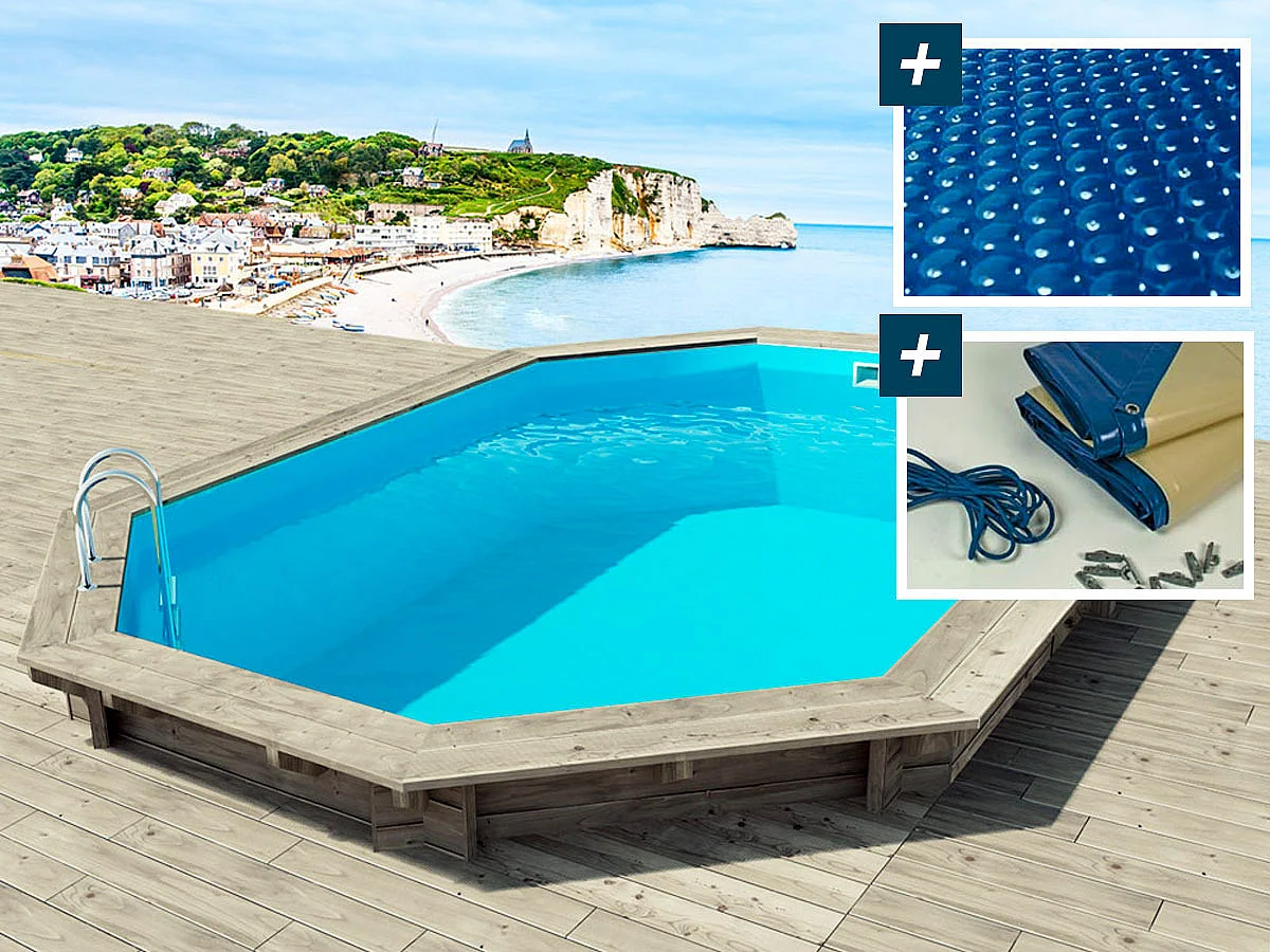 Piscine bois " Brazilia 145 "  5.86 x 3.86 x 1.44 m - Bâche à bulles 180 µ - Bâche hiver 280 g/m²