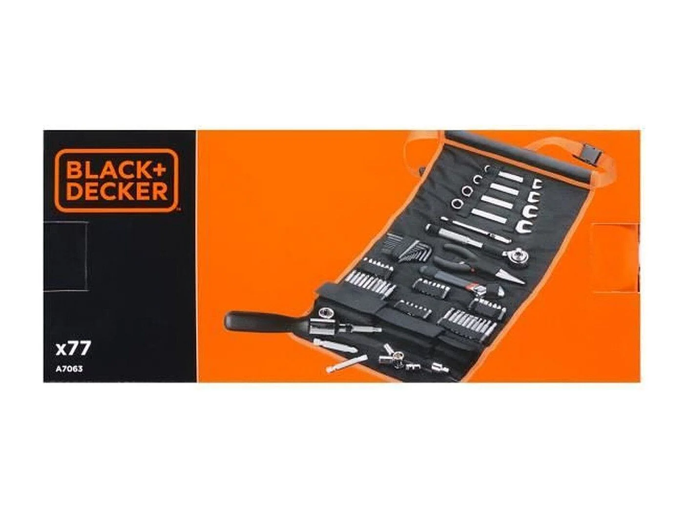 Zestaw narzędzi BLACK & DECKER 77 elementów z wielokolorową torbą zwijaną – końcówki, klucze, nasadki, szczypce i wkrętak z grzechotką