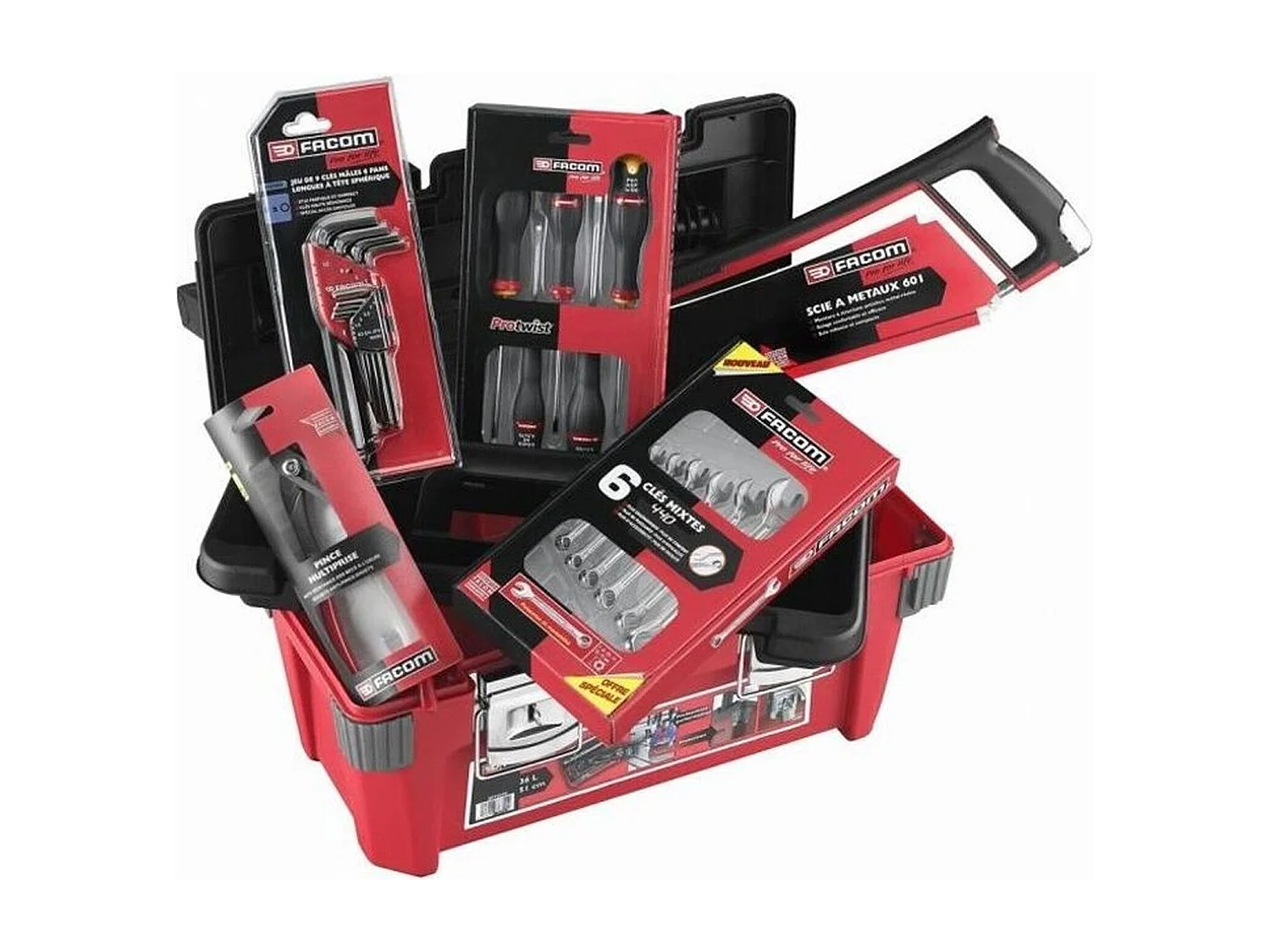 Caisse à outils 5 tournevis Protwist + 6 clés mixtes OVG + 9 clés mâles + scie métaux + pince