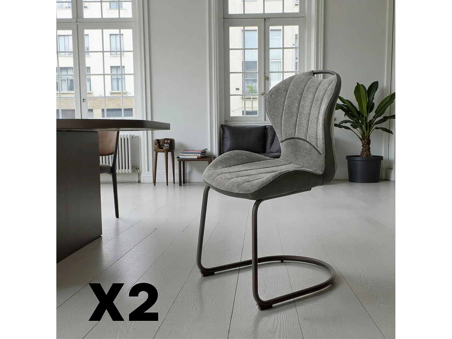 Chaise pied luge bi-matière en tissu gris (lot de 2) LIGURIE