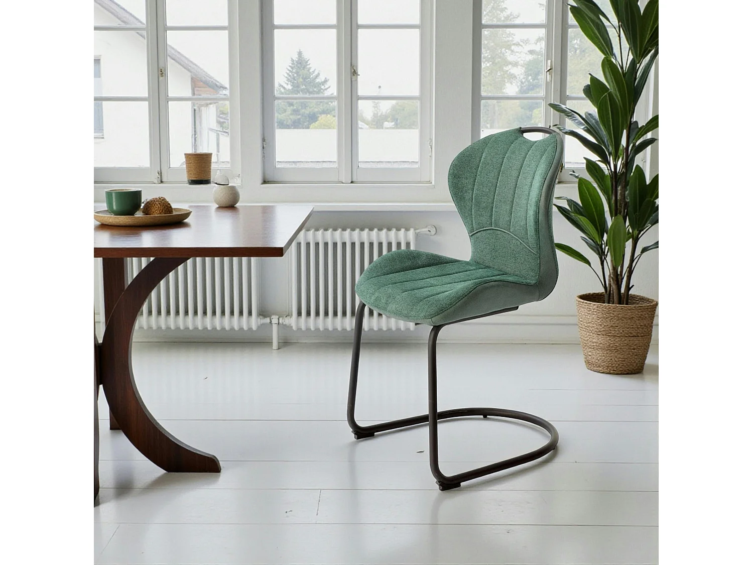 Chaise pied luge bi-matière en tissu vert (lot de 2) LIGURIE