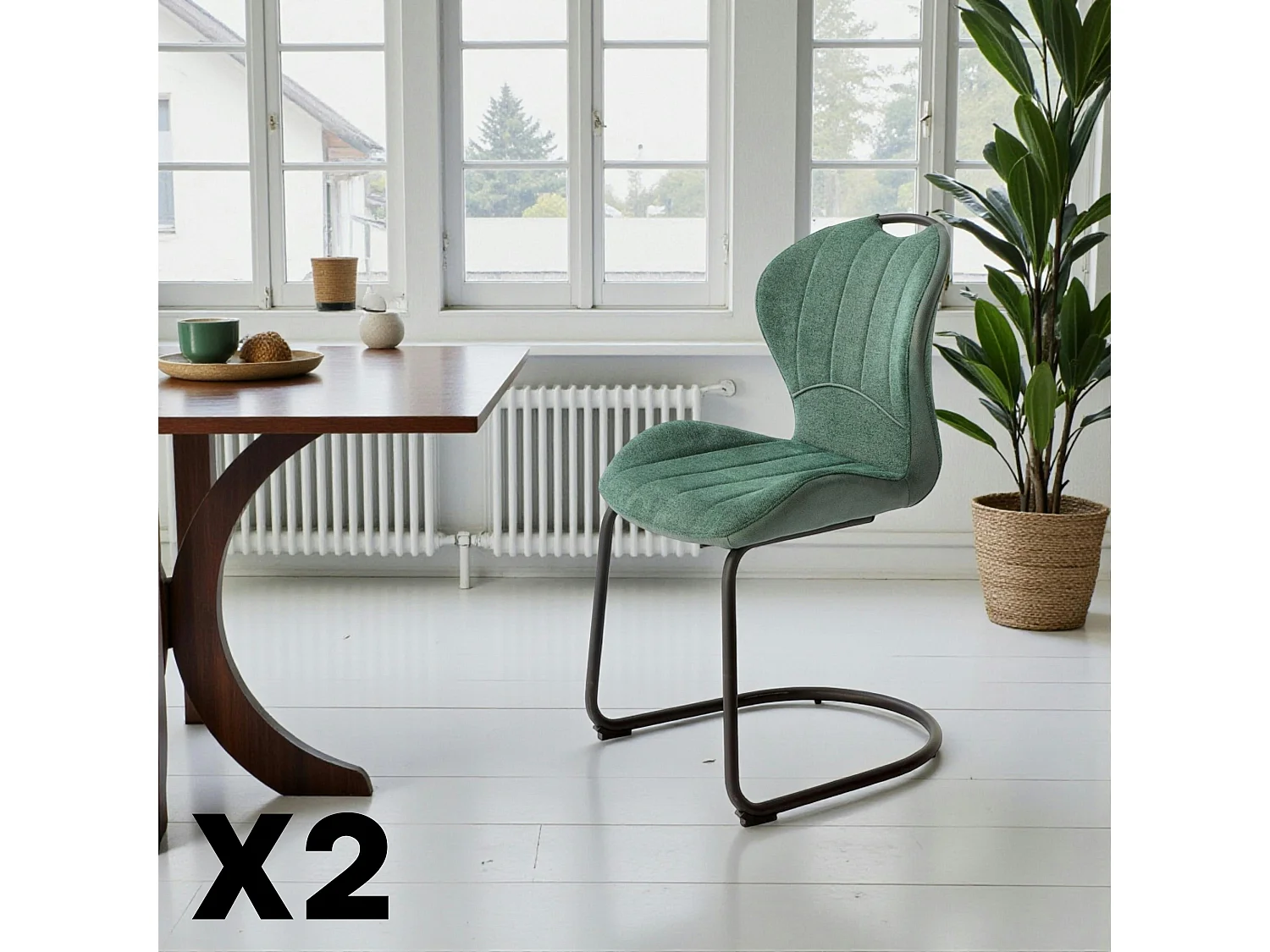 Chaise pied luge bi-matière en tissu vert (lot de 2) LIGURIE