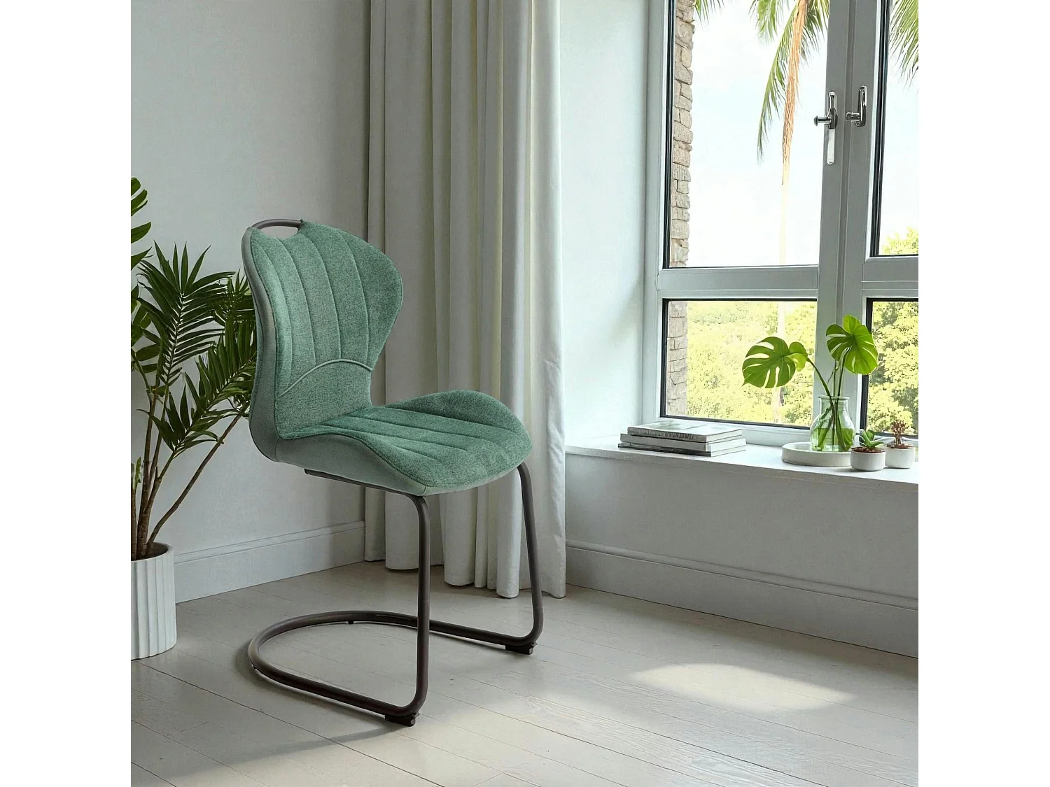 Chaise pied luge bi-matière en tissu vert (lot de 2) LIGURIE