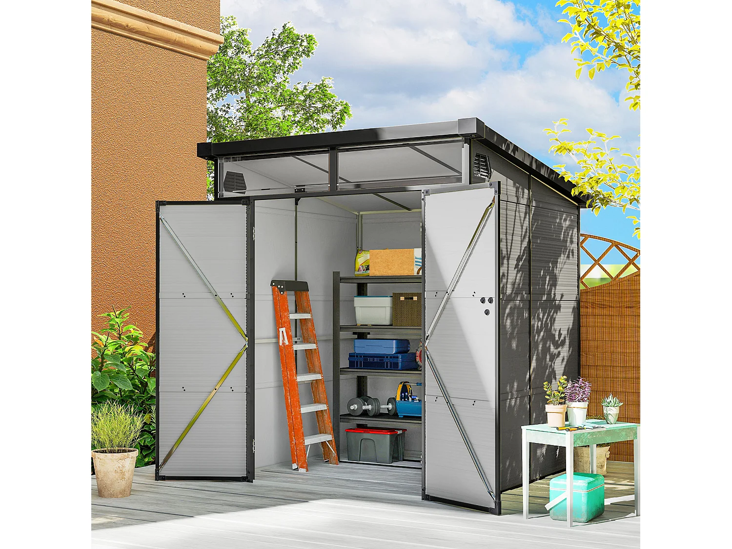 Abri de jardin en polypropylène 3,24 m² - 190 x 191 x 215 cm - 2 fenêtres, 2 portes - gris