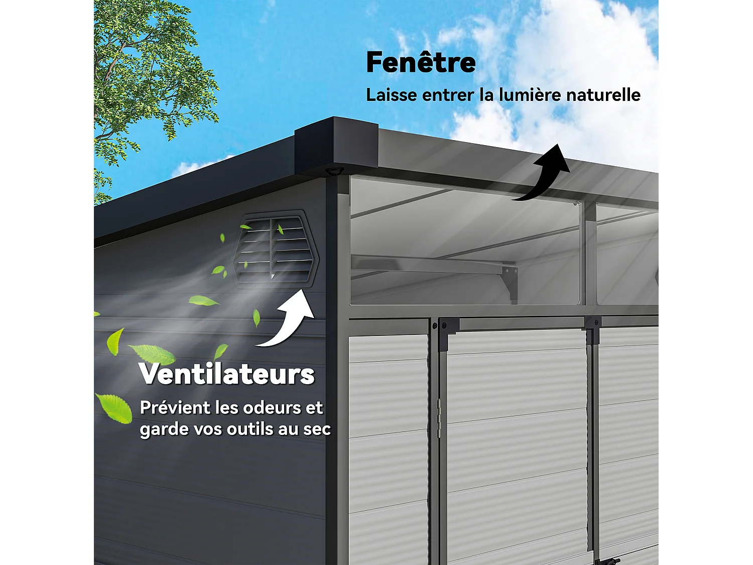 Abri de jardin en polypropylène 3,24 m² - 190 x 191 x 215 cm - 2 fenêtres, 2 portes - gris