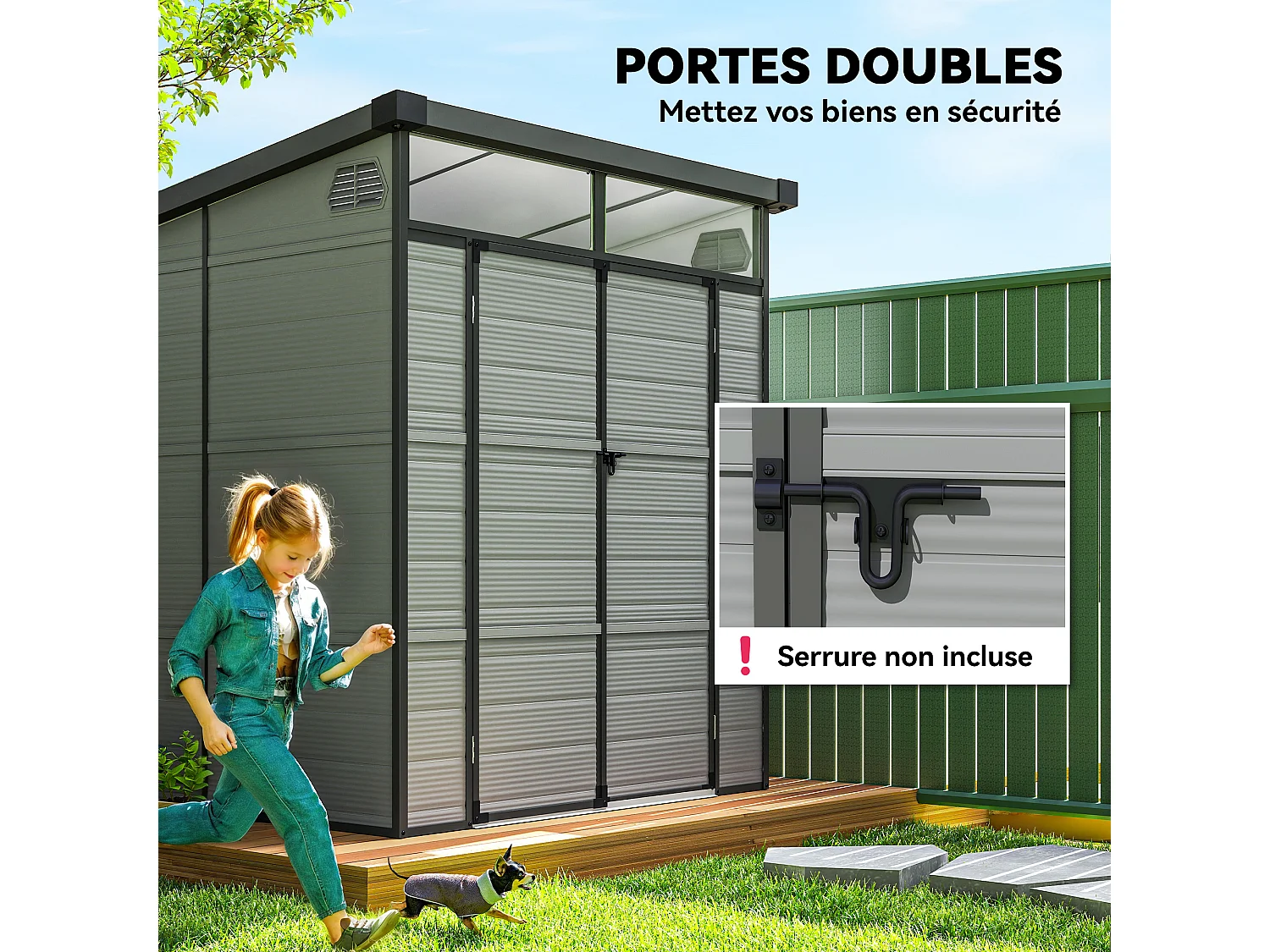 Abri de jardin en polypropylène 3,24 m² - 190 x 191 x 215 cm - 2 fenêtres, 2 portes - gris