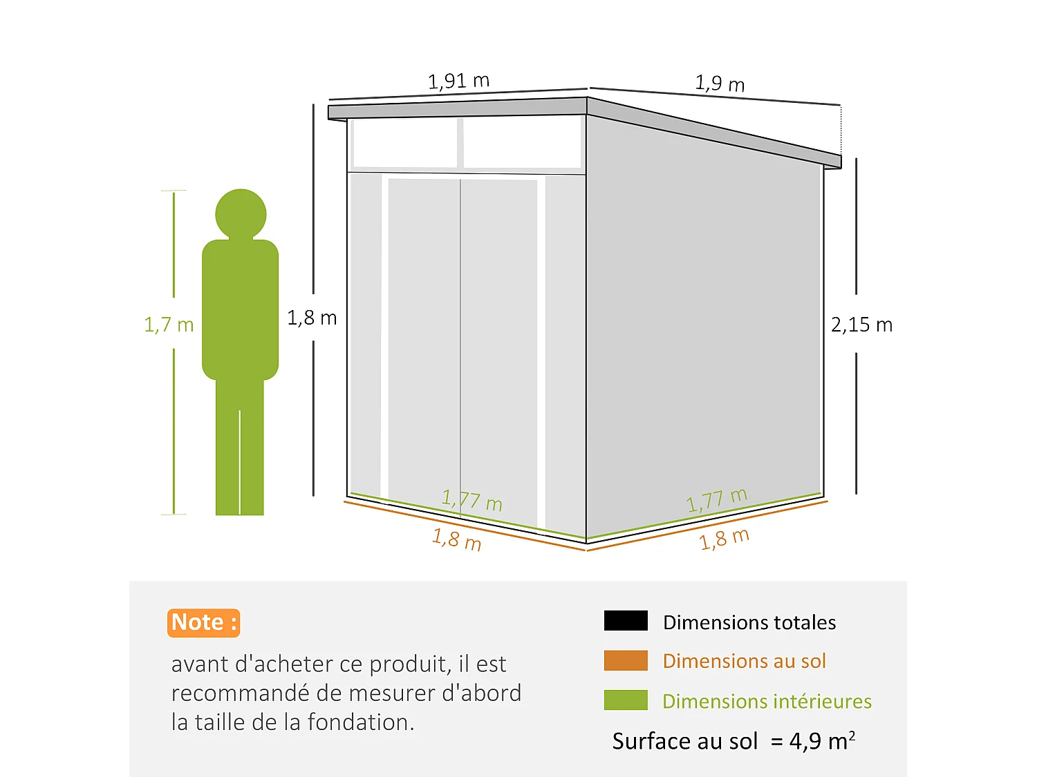 Abri de jardin en polypropylène 3,24 m² - 190 x 191 x 215 cm - 2 fenêtres, 2 portes - gris