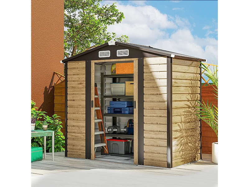 Abri de jardin métal cabanon 2,36m² dim. 213x 120x 166/194Hcm - 2 portes, cadenas, clé, gants inclus - acier effet bois taupe