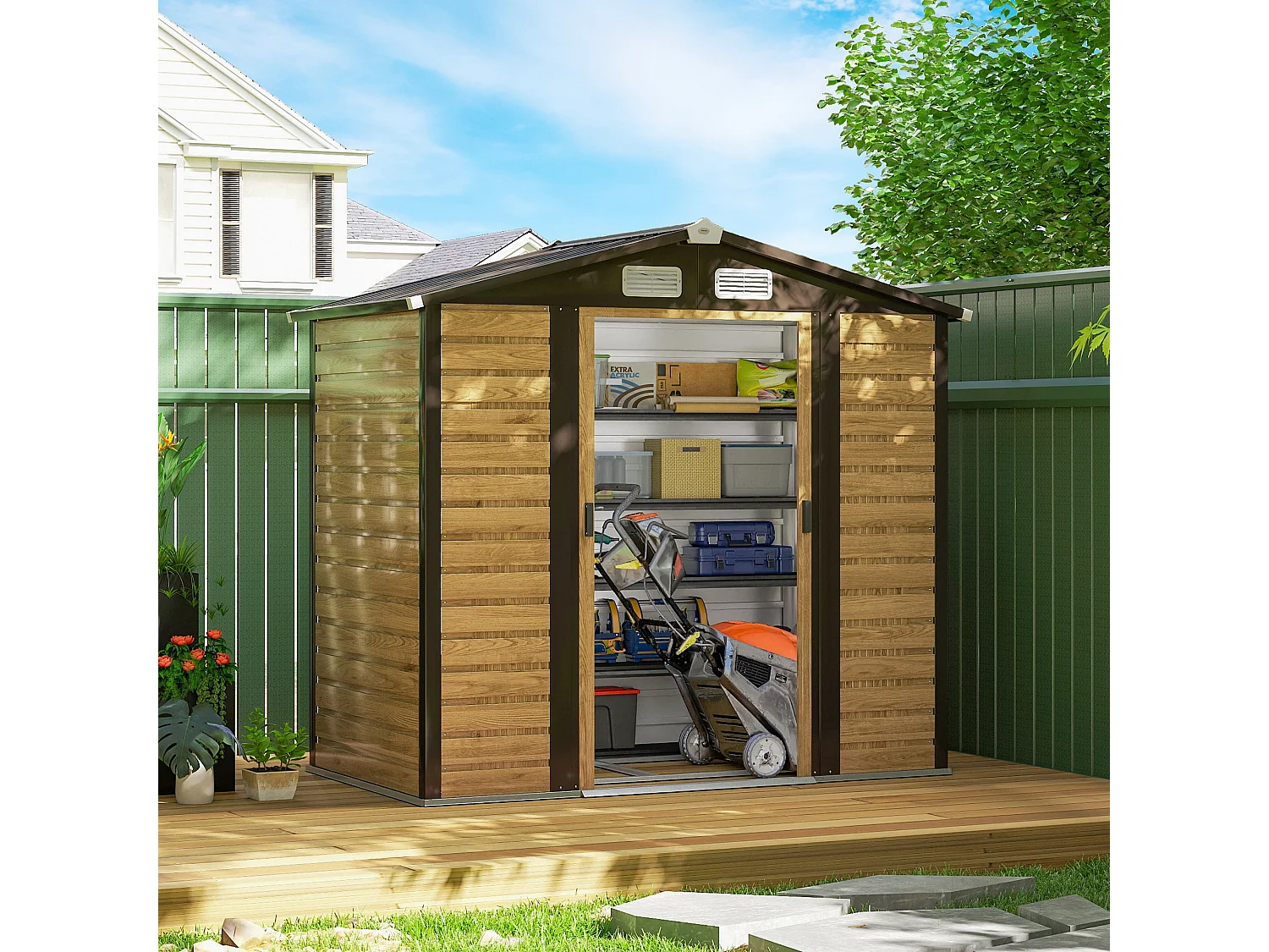 Abri de jardin métal cabanon 2,36m² dim. 213x 120x 166/194Hcm - 2 portes, cadenas, clé, gants inclus - acier effet bois taupe