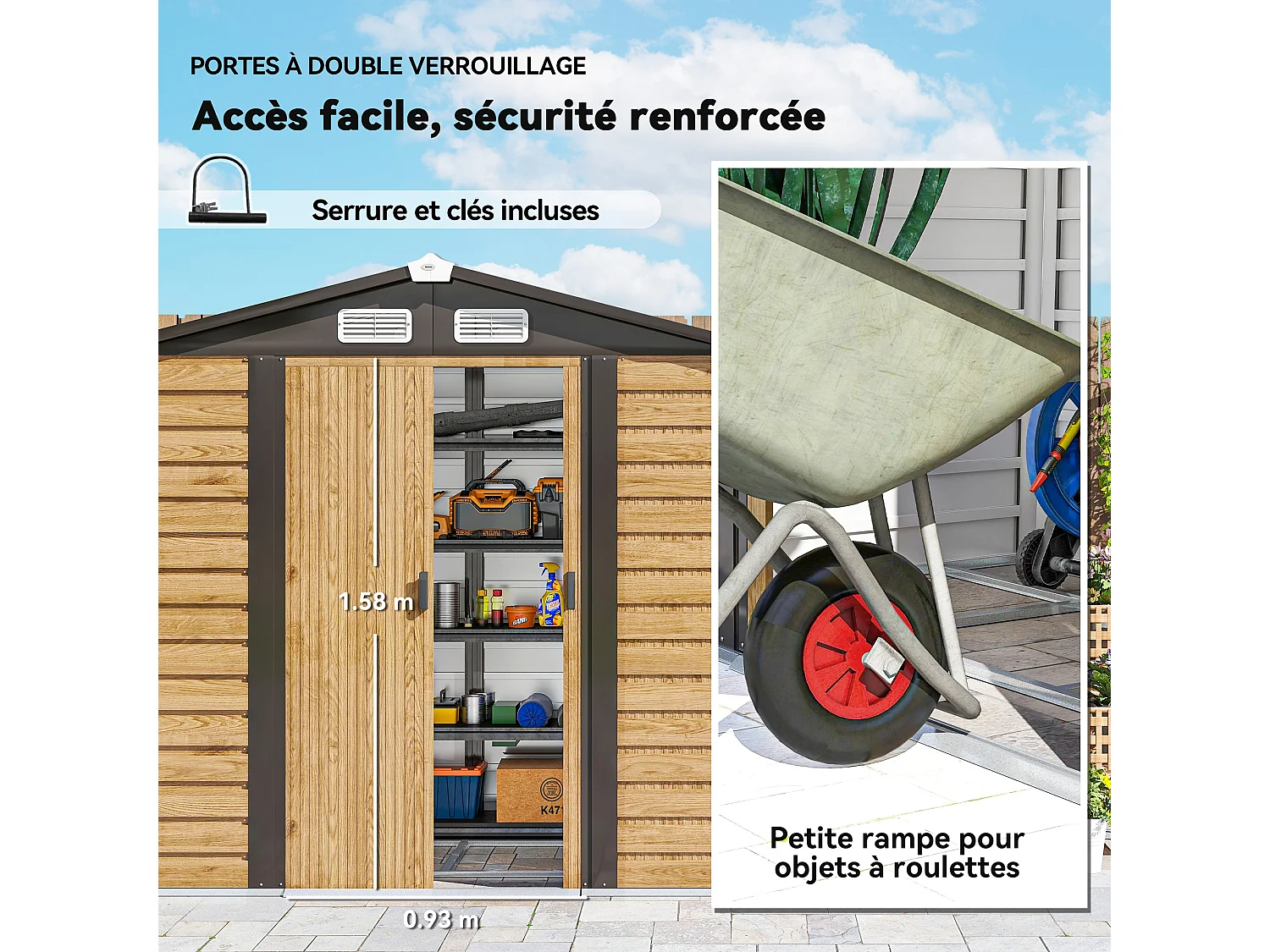 Abri de jardin métal cabanon 2,36m² dim. 213x 120x 166/194Hcm - 2 portes, cadenas, clé, gants inclus - acier effet bois taupe