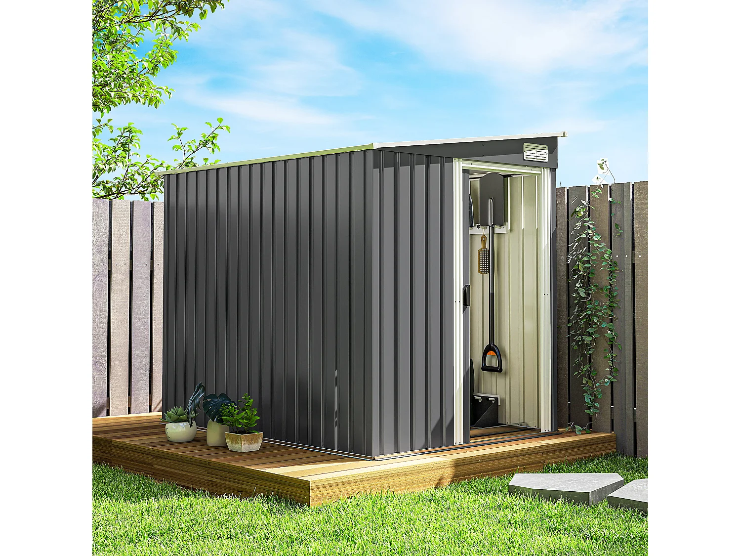 Abri de jardin métal cabanon 2,81 m² dim. 2,06x1,54x1,6/1,81Hm - porte, 2 étagères, 2 crochets, fondation incluse - acier gris