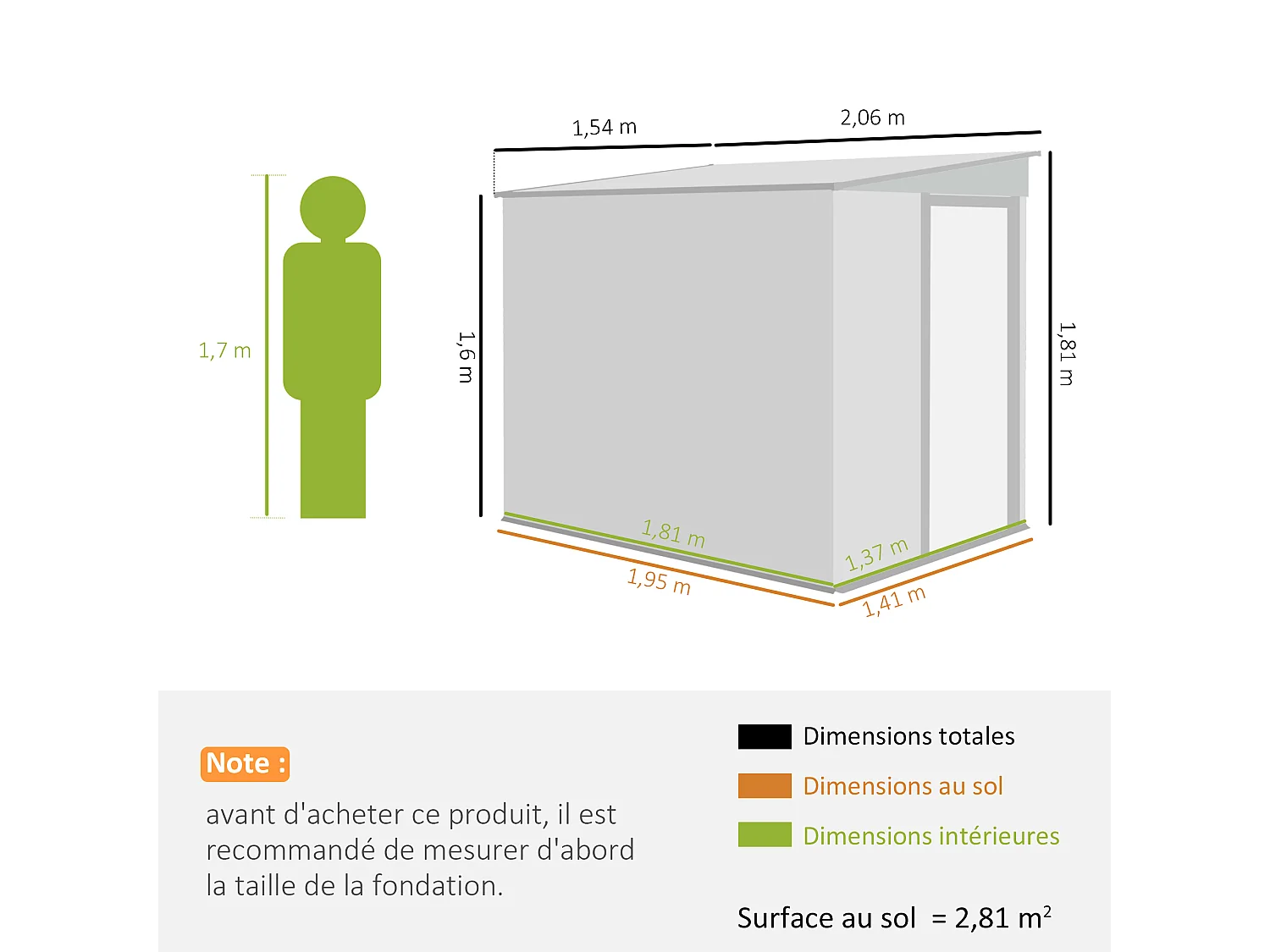 Abri de jardin métal cabanon 2,81 m² dim. 2,06x1,54x1,6/1,81Hm - porte, 2 étagères, 2 crochets, fondation incluse - acier gris