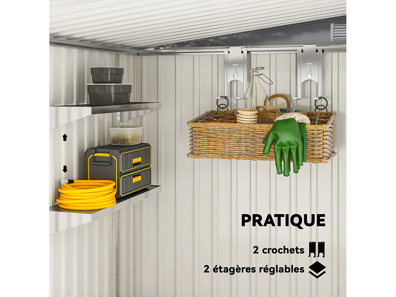 Abri de jardin métal cabanon 2,81 m² dim. 2,06x1,54x1,6/1,81Hm - porte, 2 étagères, 2 crochets, fondation incluse - acier gris