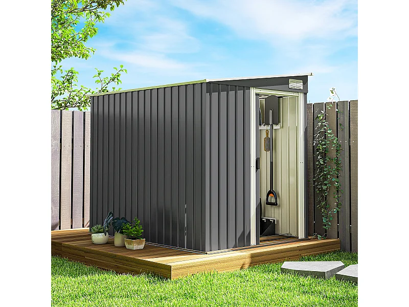 Abri de jardin métal cabanon 2,81 m² dim. 2,06x1,54x1,6/1,81Hm - porte, 2 étagères, 2 crochets, fondation incluse - acier gris