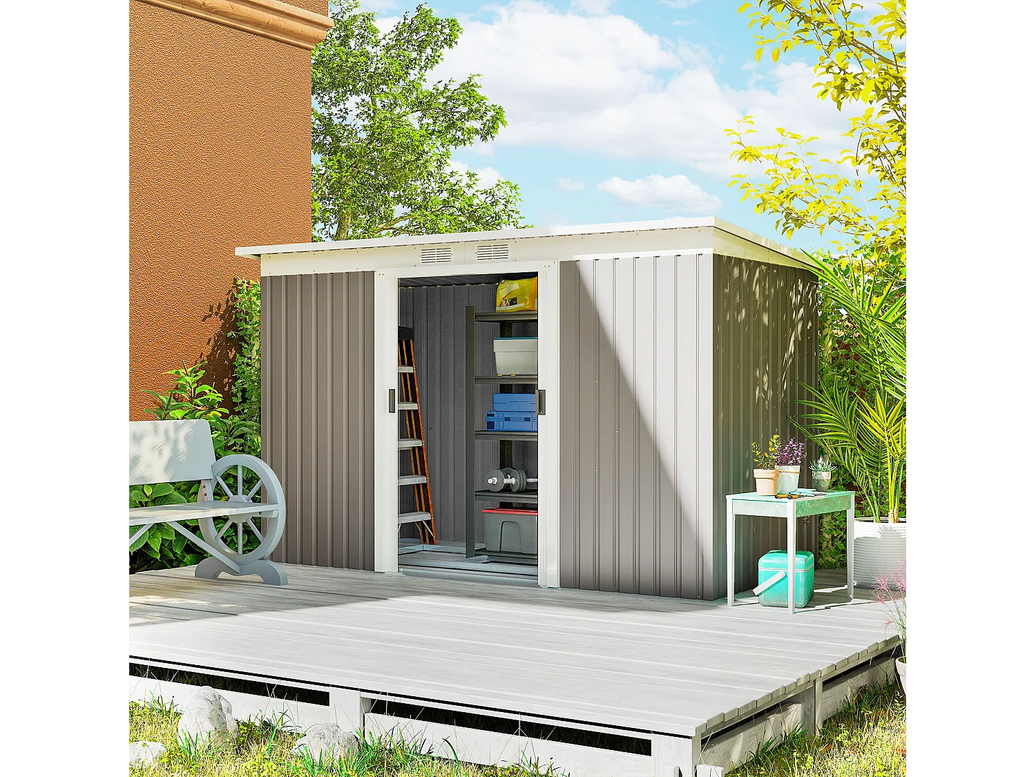 Abri de jardin cabanon - portes verrouillables - dim. 2,8 x 1,3 x 1,72 m - tôle d'acier bicolore gris