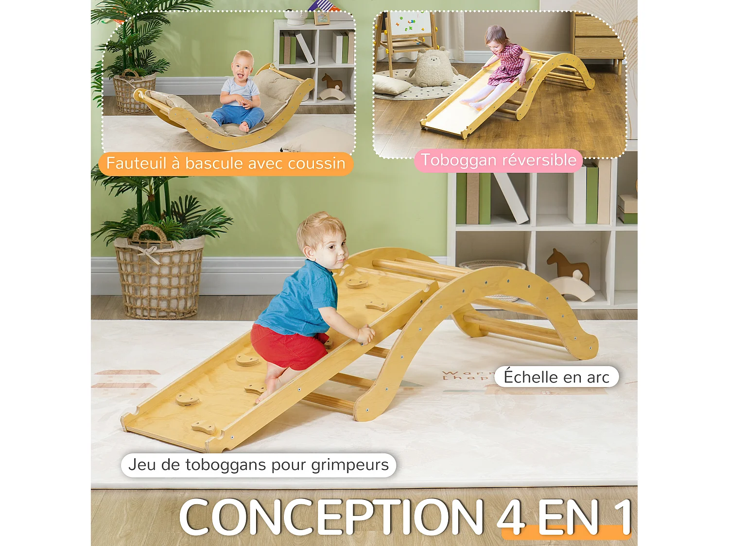 4 en 1 arche escalade enfant chaise à bascule avec coussin rampe double-face grimper glisser bois