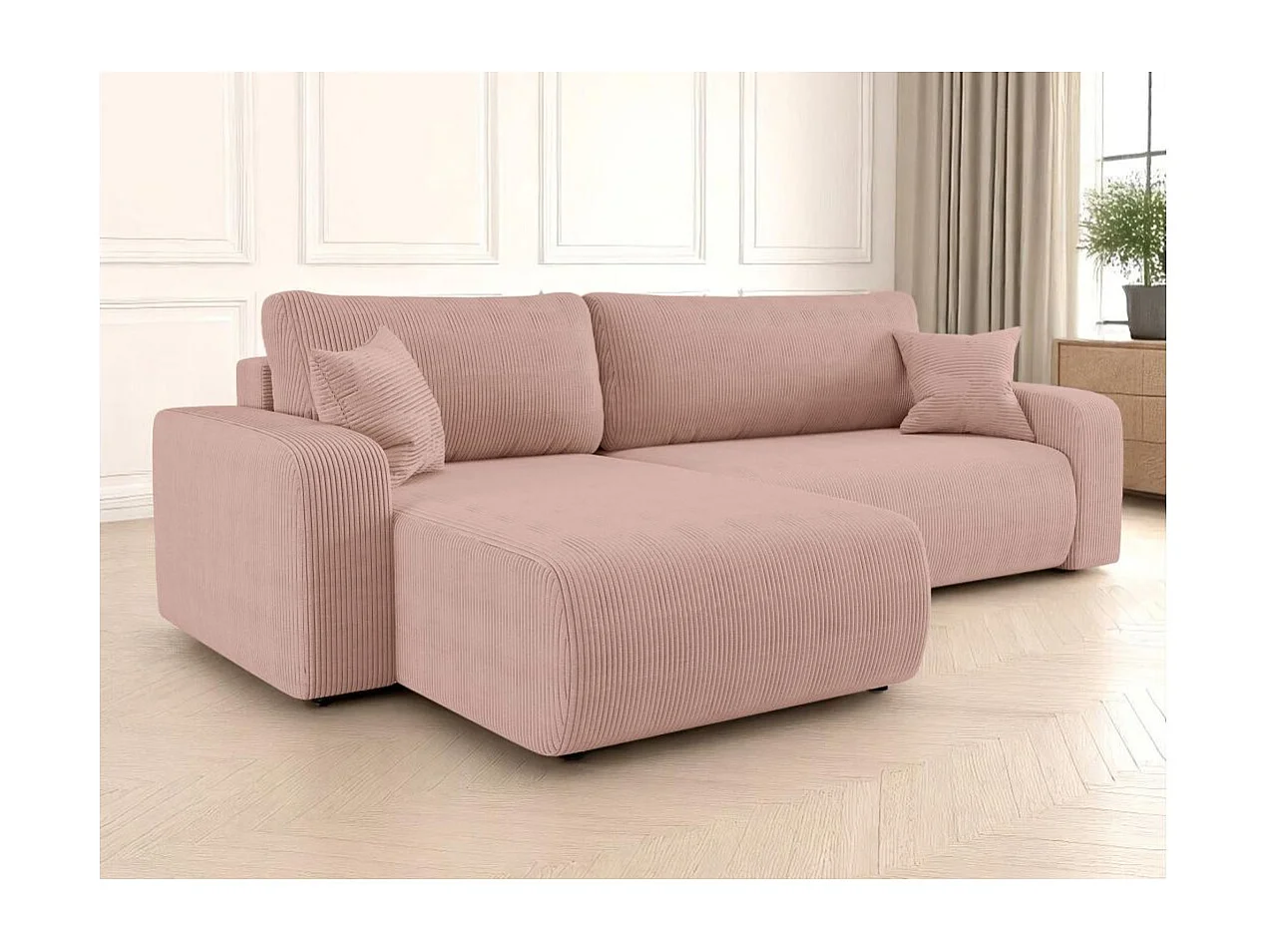 Canapé ALYA d'angle max réversible et convertible 5 places en velours côtelé - Rose