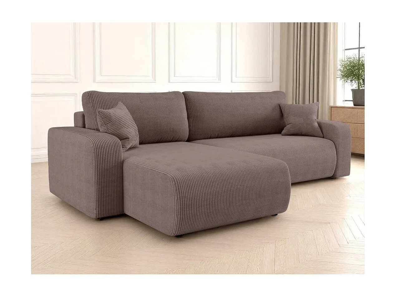 Canapé ALYA d'angle max réversible et convertible 5 places en velours côtelé - Marron glacé