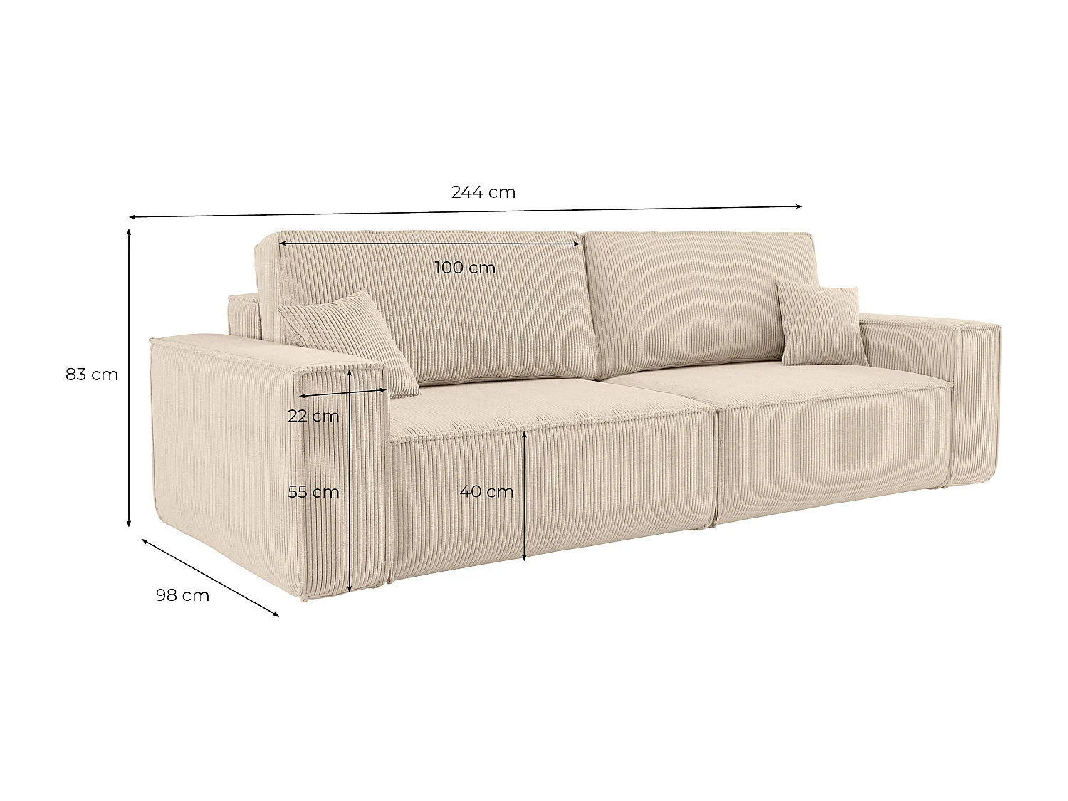 Canapé droit 3 places FARAH convertible en velours côtelé - Jaune