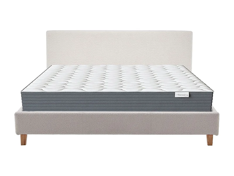 Ensemble Lit adulte 180x200cm avec tête de lit en tissu bouclé beige - Milo + Matelas mémoire de forme - Memo HR