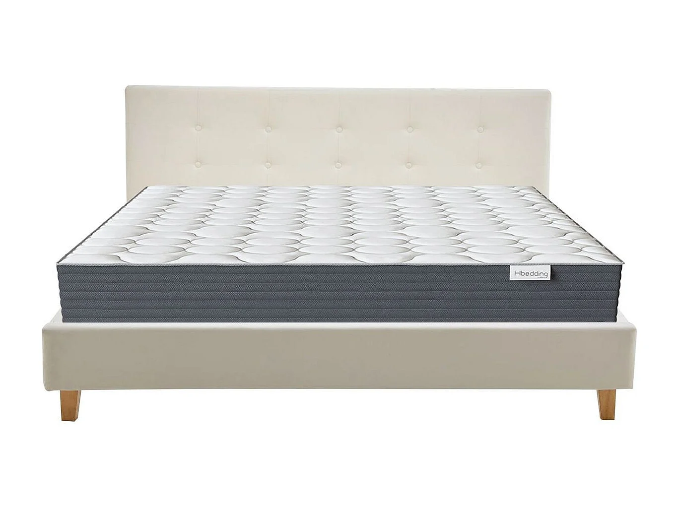 Ensemble Lit adulte 180x200cm avec tête de lit en velours beige - Milo + Matelas mémoire de forme - Memo HR