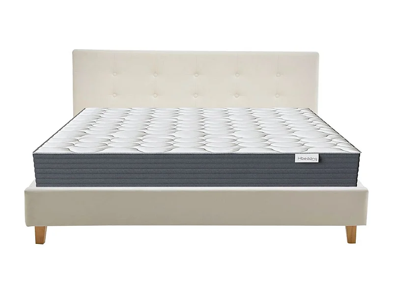 Ensemble Lit adulte 180x200cm avec tête de lit en velours beige - Milo + Matelas mémoire de forme - Memo HR