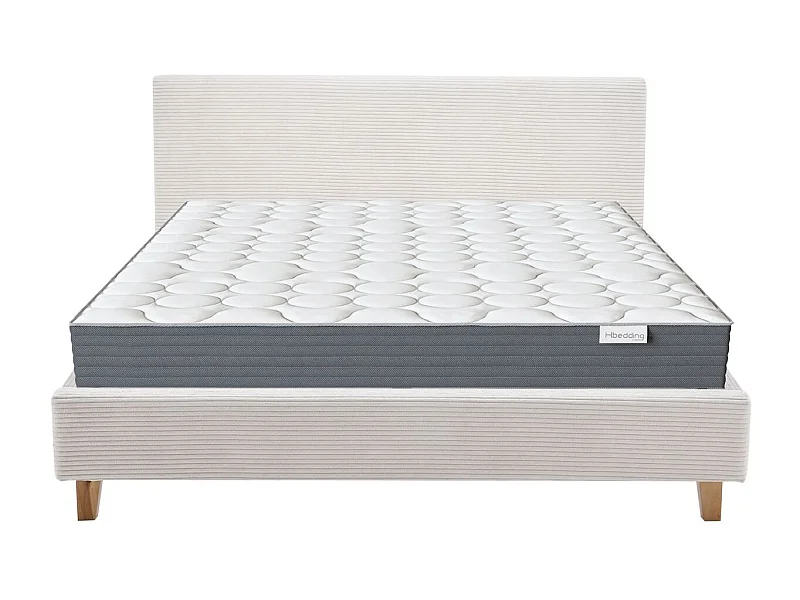 Ensemble Lit adulte 180x200cm avec tête de lit en velours côtelé beige - Milo + Matelas mémoire de forme - Memo HR