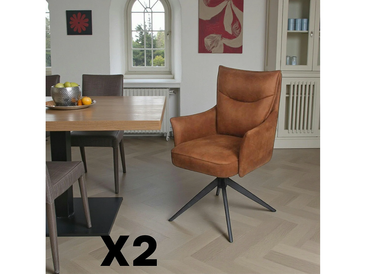 Fauteuil de table pivotant cognac à poignée (lot de 2) LOMBARDIE