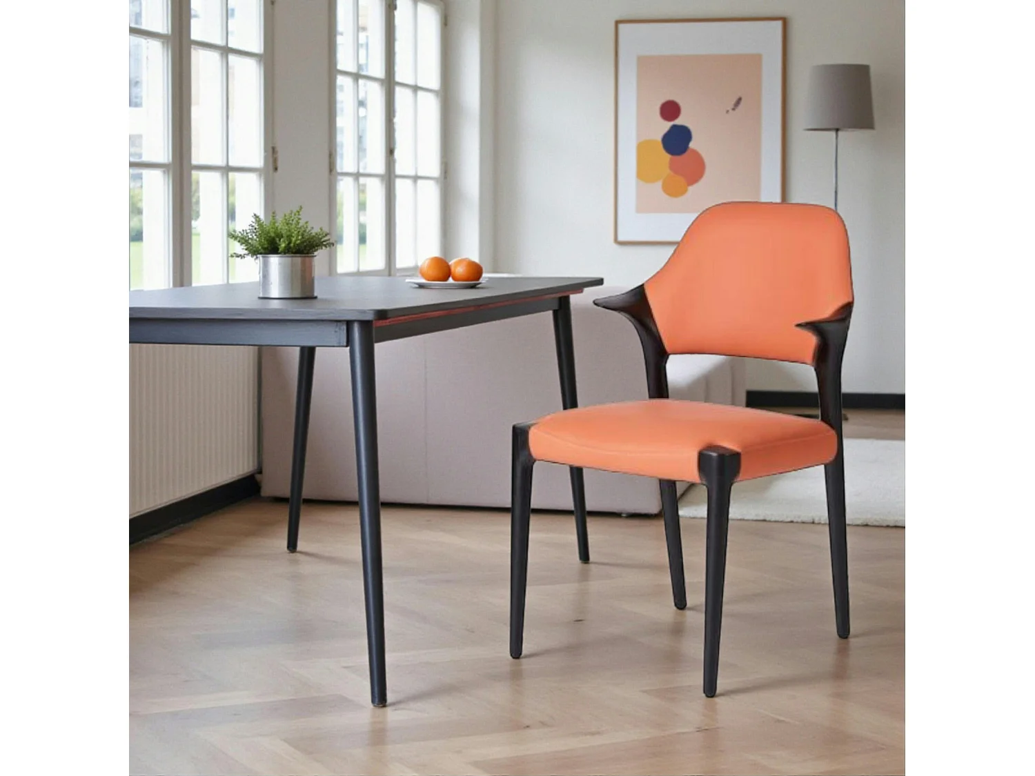 Chaise en cuir rouille design, accoudoirs bois noir ALDER