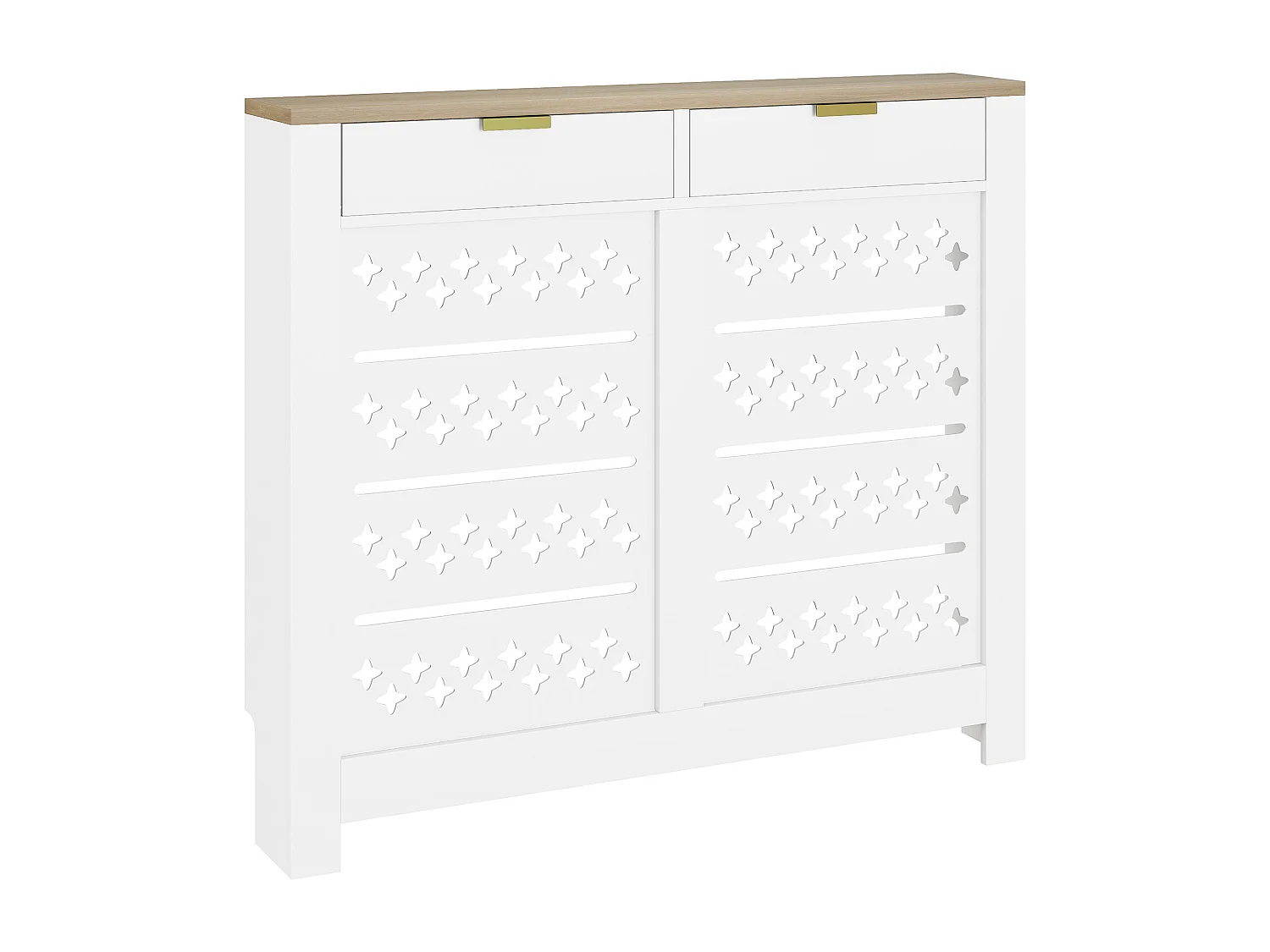 Cache-radiateur design motif étoile 2 portes dim. 108 x 19 x 95 cm doré effet bois blanc