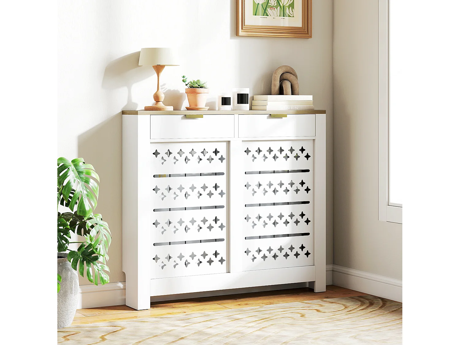 Cache-radiateur design motif étoile 2 portes dim. 108 x 19 x 95 cm doré effet bois blanc