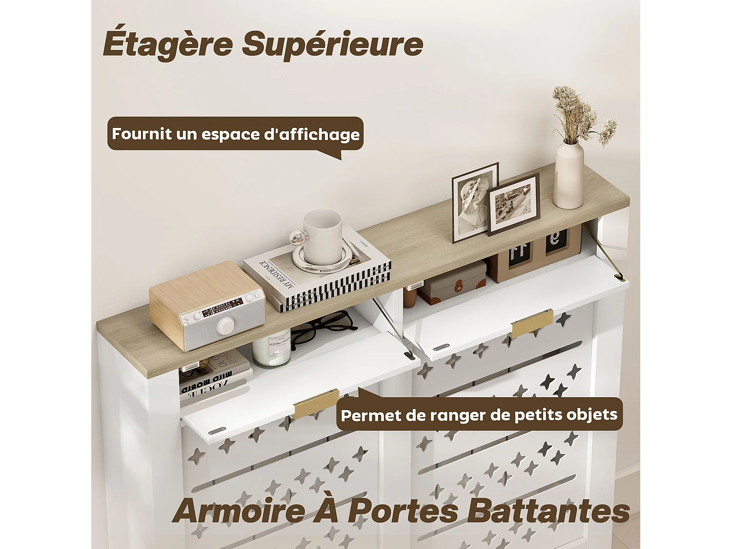 Cache-radiateur design motif étoile 2 portes dim. 108 x 19 x 95 cm doré effet bois blanc